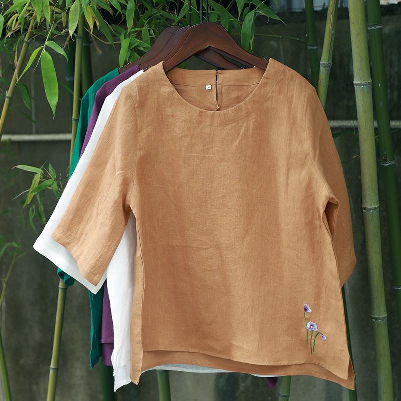 Linen Round Neck T-Shirt Three-Quarter Sleeves May 2021 New-Arrival M Orange 