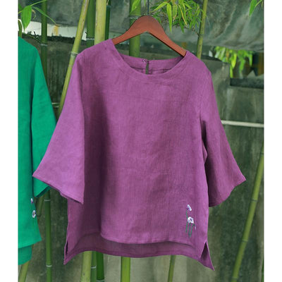 Linen Round Neck T-Shirt Three-Quarter Sleeves May 2021 New-Arrival M Purple 