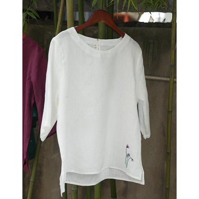Linen Round Neck T-Shirt Three-Quarter Sleeves May 2021 New-Arrival M White 