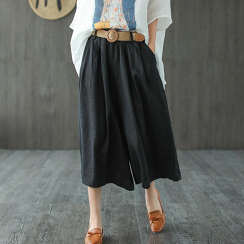 Linen Wide Leg Pants Literary Solid Color Cropped Pants June 2020-New Arrival One Size Black 