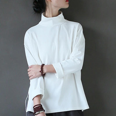 Literary All-match High Neck T-shirt Loose Long Sleeves Dec 2020-New Arrival FREE SIZE WHITE 
