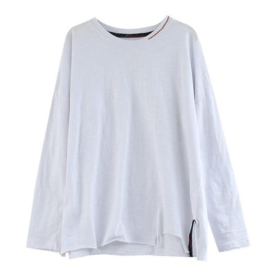 Long-sleeved Fringed Slit Cotton T-shirt