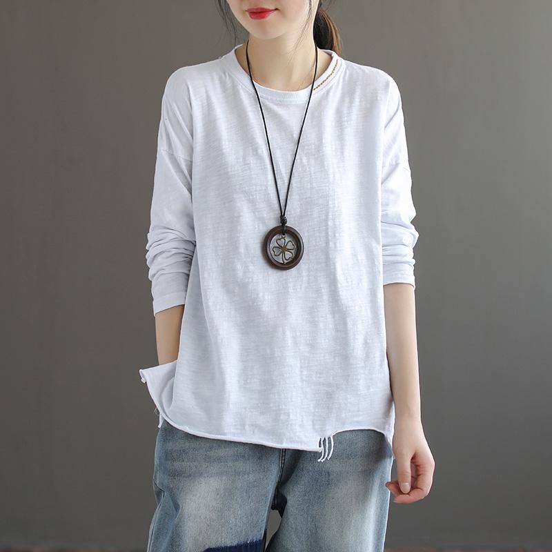Long-sleeved Fringed Slit Cotton T-shirt April 2021 New-Arrival One Size White 