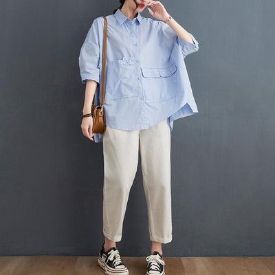 Loose Breasted Bat Sleeve Shirt May 2021 New-Arrival Blue 