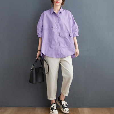 Loose Breasted Bat Sleeve Shirt May 2021 New-Arrival Purple 