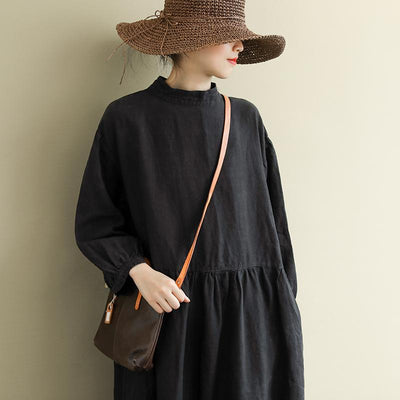 Loose Buckle Stitching Mid-Length Cotton Linen Dress April 2020-New Arrival 