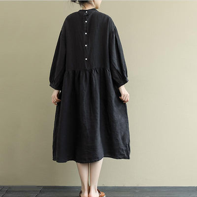 Loose Buckle Stitching Mid-Length Cotton Linen Dress