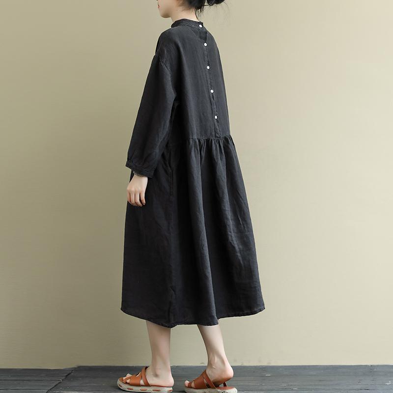 Loose Buckle Stitching Mid-Length Cotton Linen Dress April 2020-New Arrival 