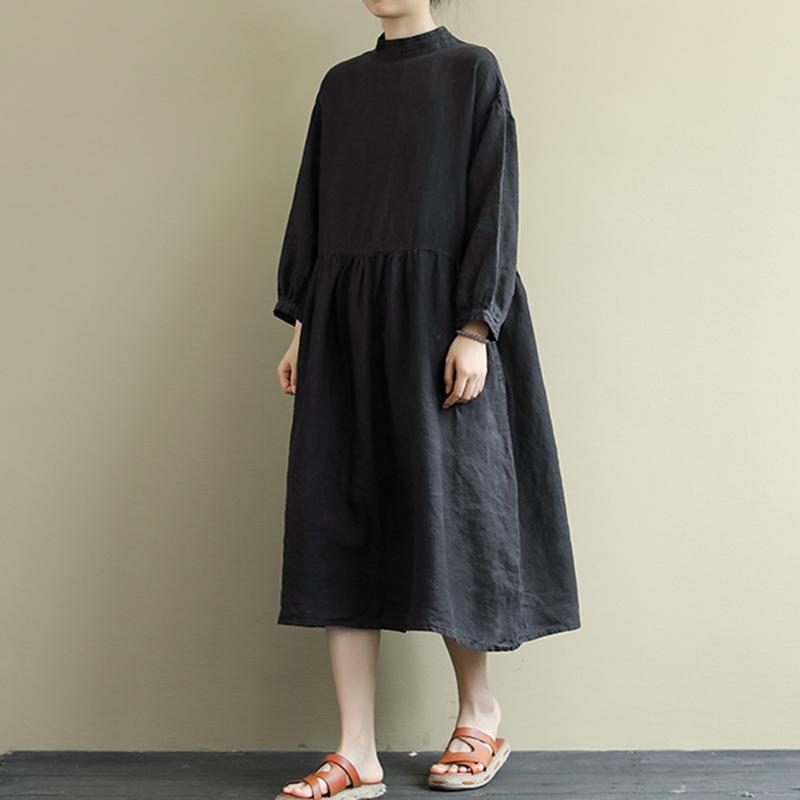 Loose Buckle Stitching Mid-Length Cotton Linen Dress