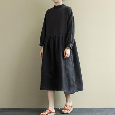 Loose Buckle Stitching Mid-Length Cotton Linen Dress April 2020-New Arrival One Size Black 