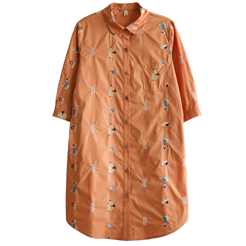 Loose Casual Embroidery Orange Mid-Length Shirt Dress 2019 April New 