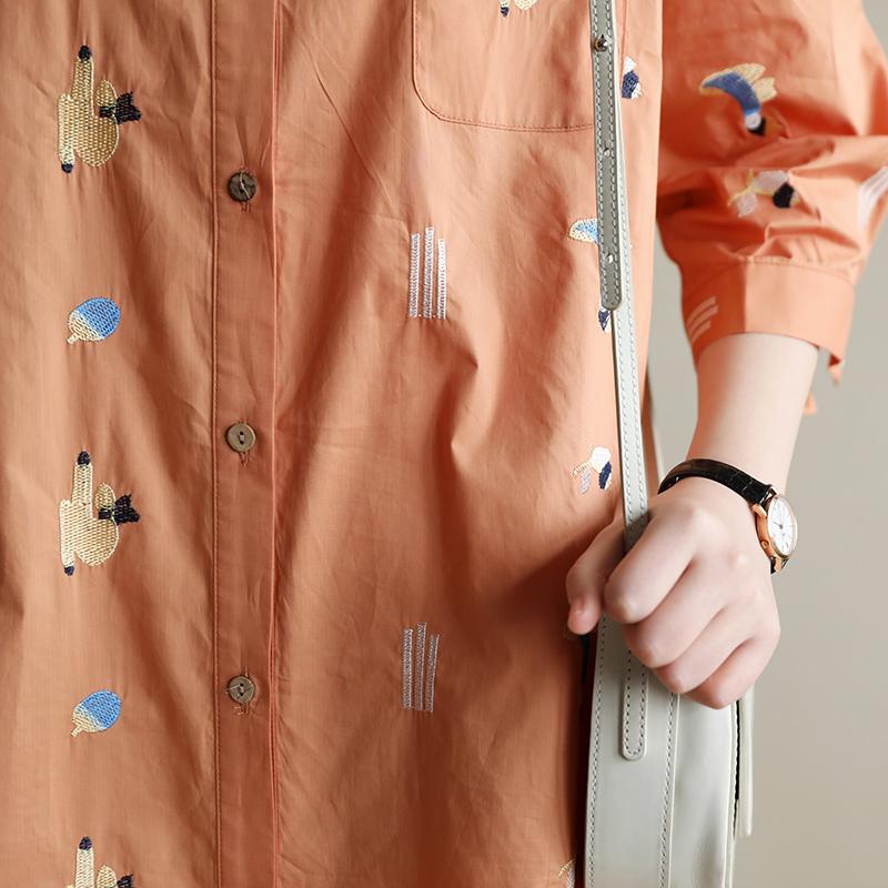 Loose Casual Embroidery Orange Mid-Length Shirt Dress 2019 April New 
