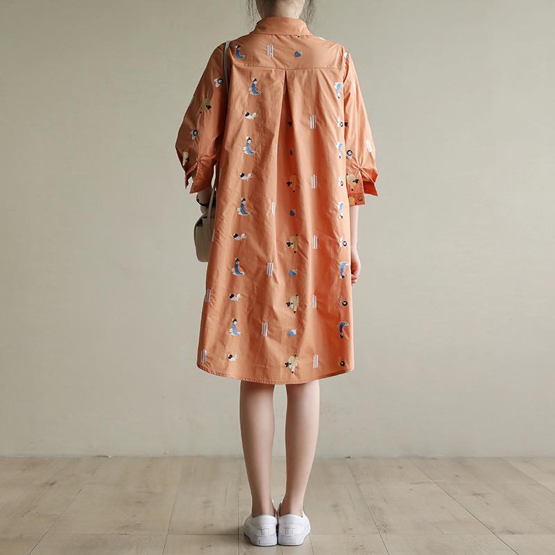 Loose Casual Embroidery Orange Mid-Length Shirt Dress