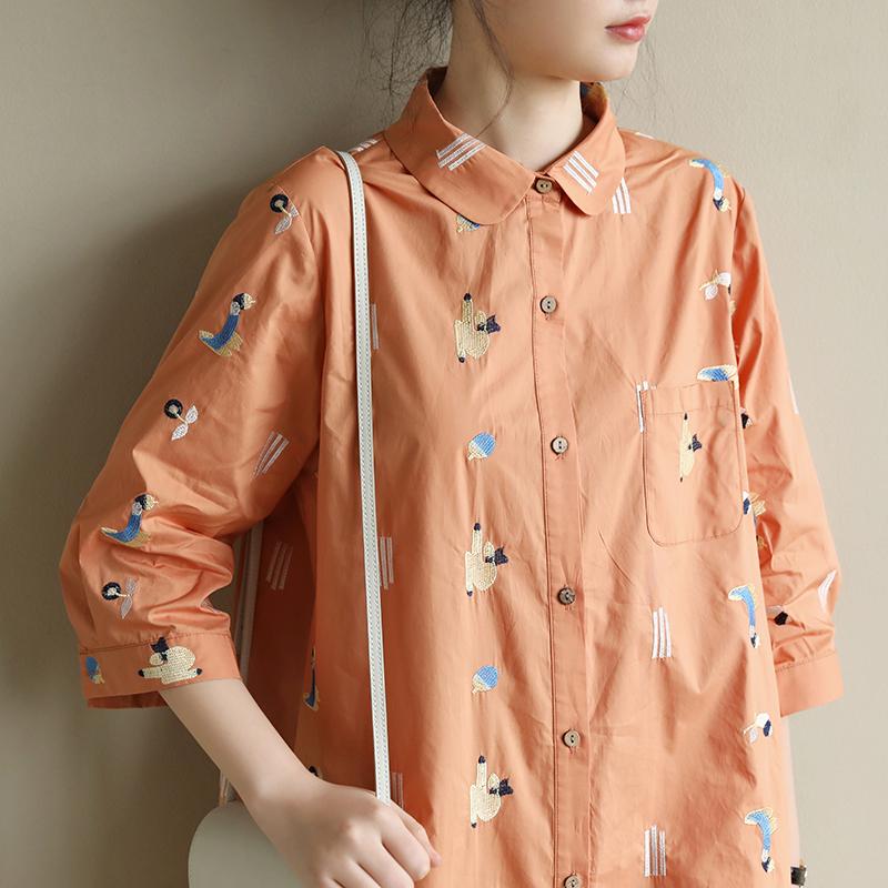 Loose Casual Embroidery Orange Mid-Length Shirt Dress