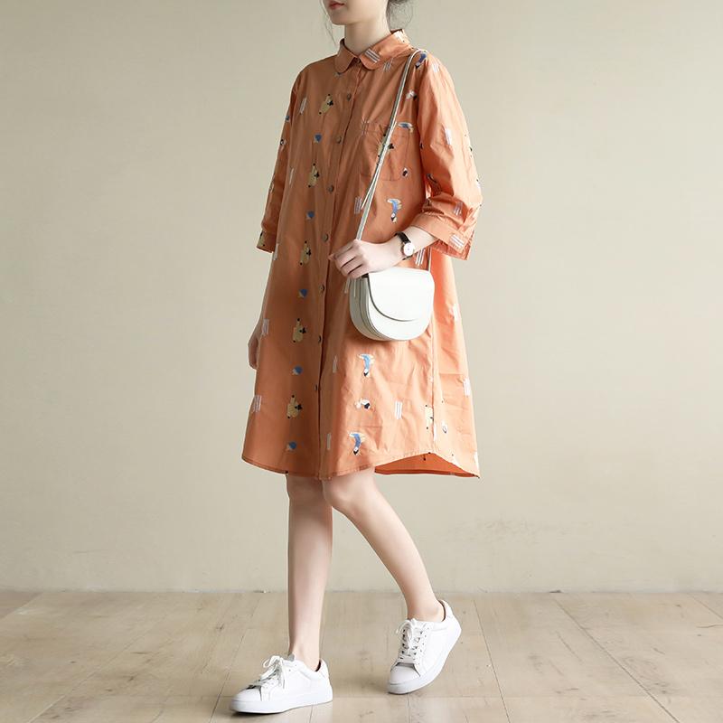 Loose Casual Embroidery Orange Mid-Length Shirt Dress 2019 April New M Orange 