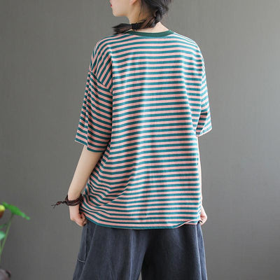 Loose Casual Short-sleeved Cotton Stripe T-shirt April 2021 New-Arrival 