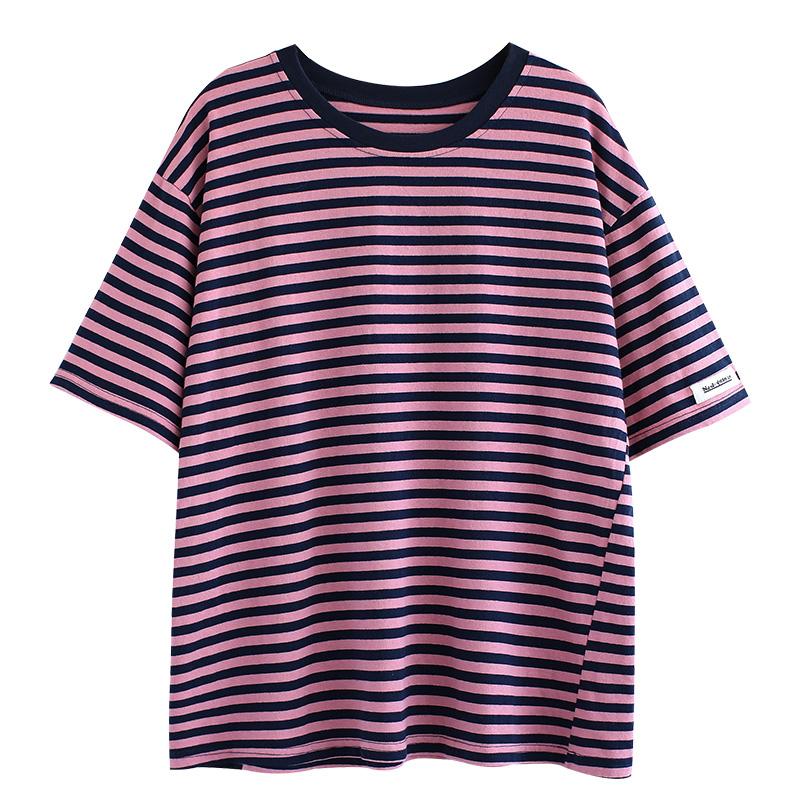 Loose Casual Short-sleeved Cotton Stripe T-shirt April 2021 New-Arrival 