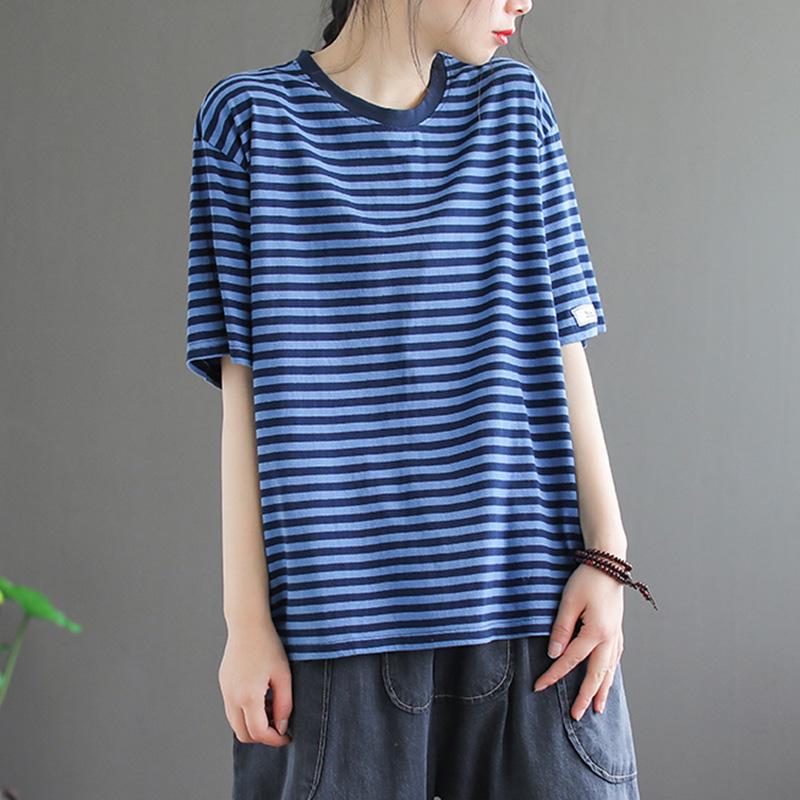 Loose Casual Short-sleeved Cotton Stripe T-shirt April 2021 New-Arrival One Size Blue 