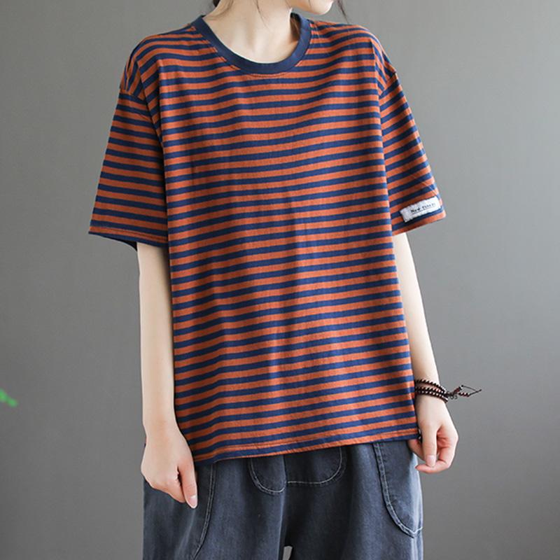 Loose Casual Short-sleeved Cotton Stripe T-shirt April 2021 New-Arrival One Size Brown-red 