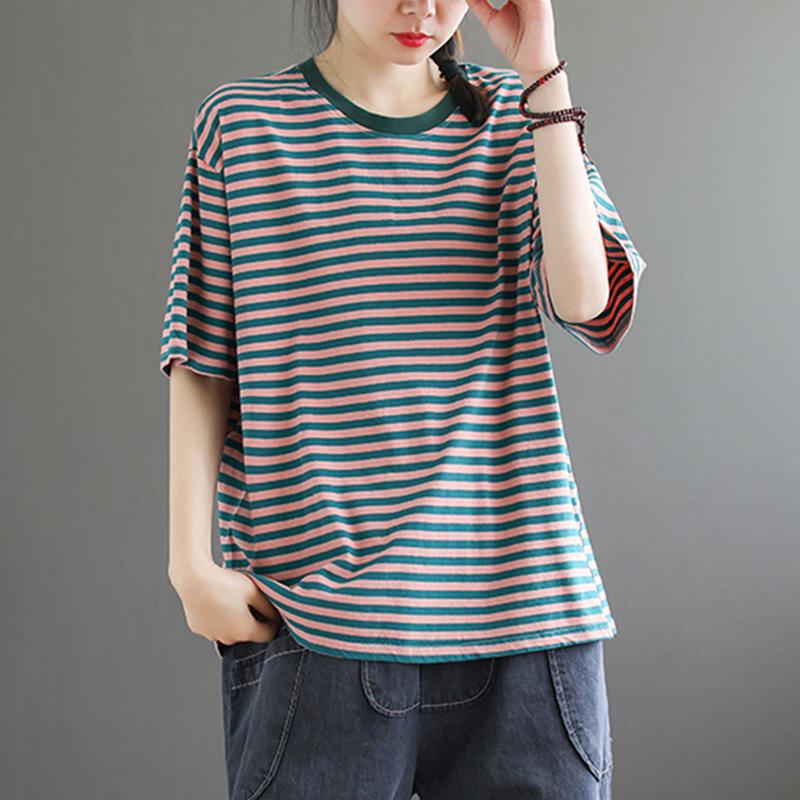 Loose Casual Short-sleeved Cotton Stripe T-shirt April 2021 New-Arrival One Size Green 
