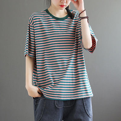Loose Casual Short-sleeved Cotton Stripe T-shirt April 2021 New-Arrival One Size Green 