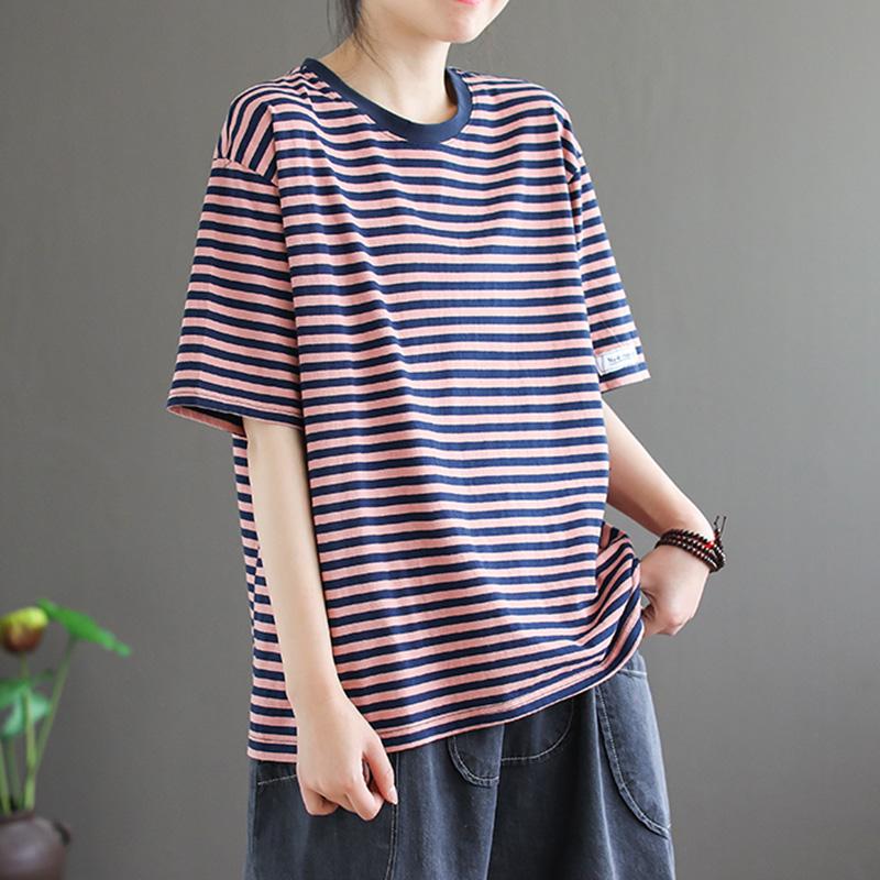Loose Casual Short-sleeved Cotton Stripe T-shirt