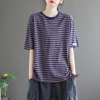 Loose Casual Short-sleeved Cotton Stripe T-shirt April 2021 New-Arrival One Size Purple 