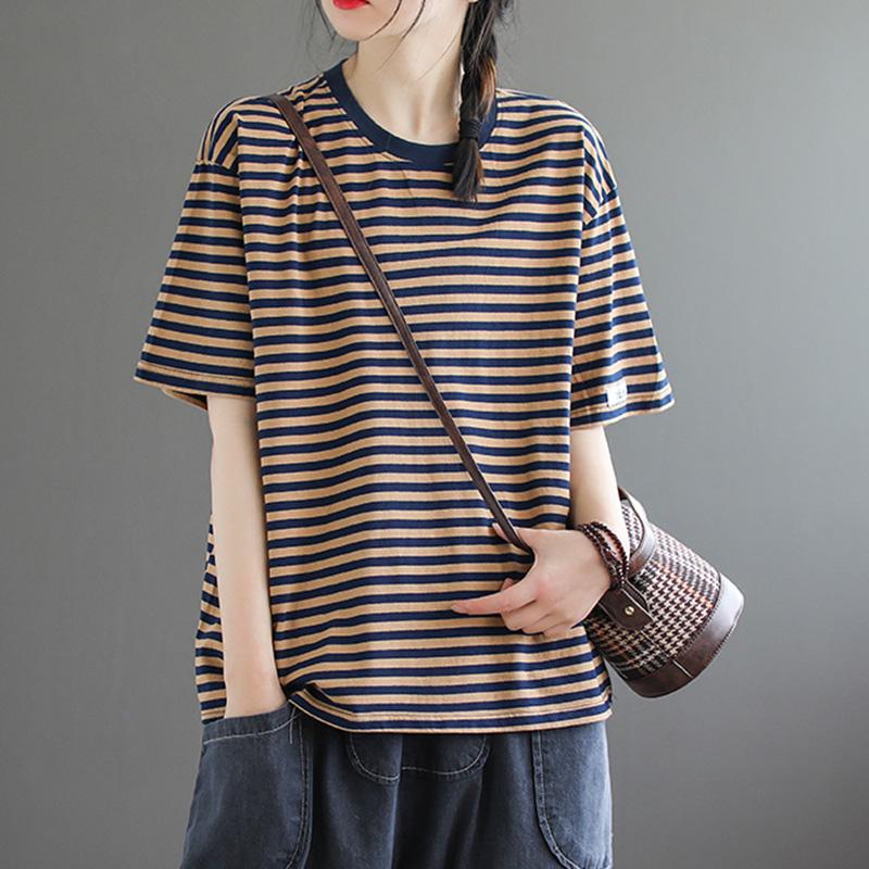 Loose Casual Short-sleeved Cotton Stripe T-shirt April 2021 New-Arrival One Size Yellow 