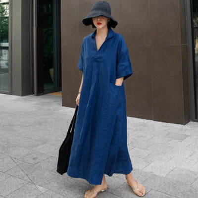 Loose Cotton And Linen Split Knee-Length Shirt Dress June 2020-New Arrival S Blue 
