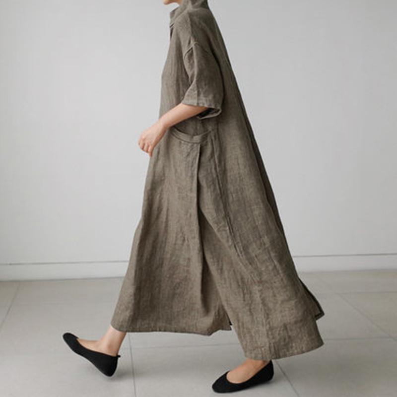 Loose Cotton And Linen Split Knee-Length Shirt Dress