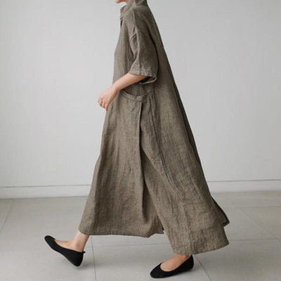 Loose Cotton And Linen Split Knee-Length Shirt Dress June 2020-New Arrival S Gray 