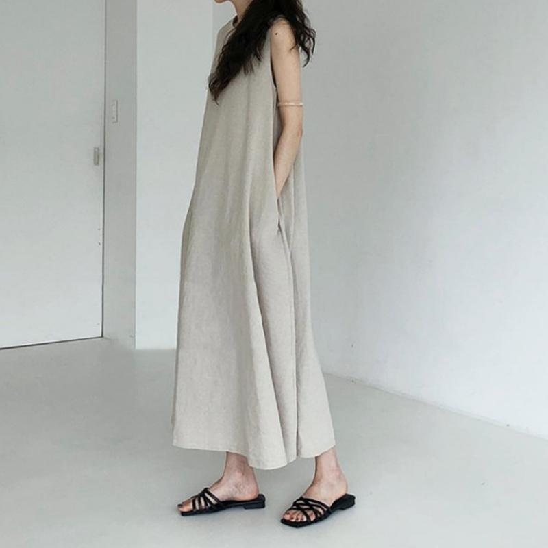 Loose Cotton Linen Sleeveless Long Dress May 2021 New-Arrival One Size Apricot 