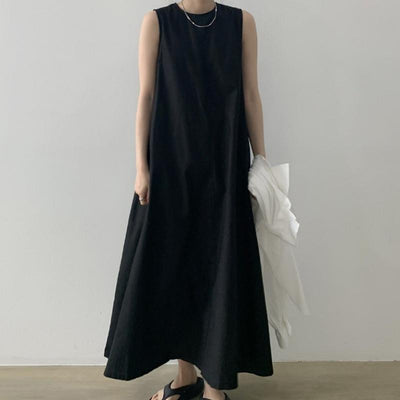 Loose Cotton Linen Sleeveless Long Dress May 2021 New-Arrival One Size Black 