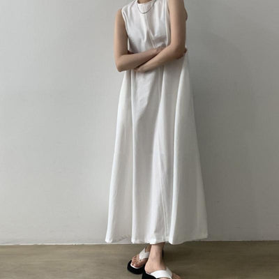 Loose Cotton Linen Sleeveless Long Dress May 2021 New-Arrival One Size White 