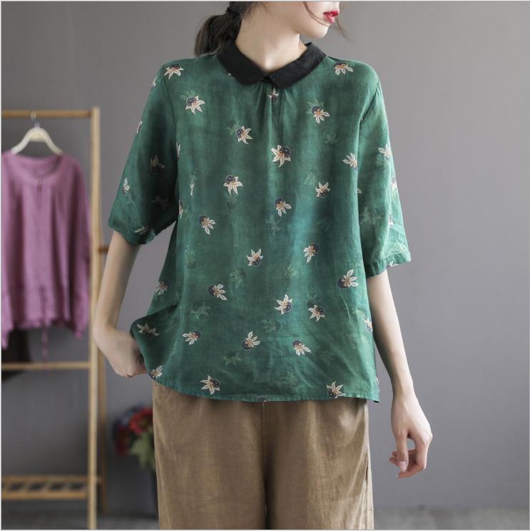 Loose Floral Linen Half Sleeve Polo Shirt Oct 2021 New-Arrival Green 
