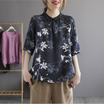 Loose Floral Linen Half Sleeve Polo Shirt Oct 2021 New-Arrival Navy 