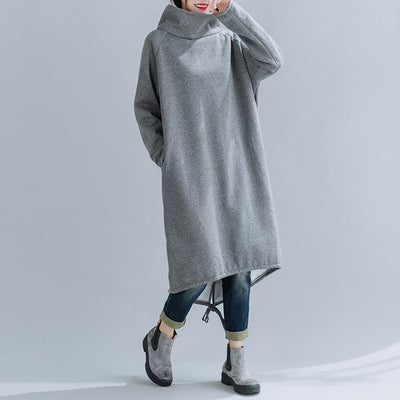 Loose High Neck Cotton And Linen Dress Nov 2020-New Arrival S GRAY 