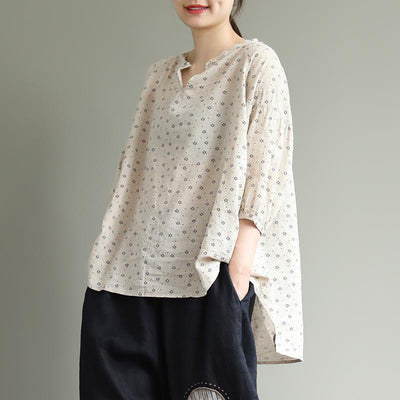 Loose Linen New Floral Print Polka Dot Comfortable Blouse 2019 April New One Size Beige 