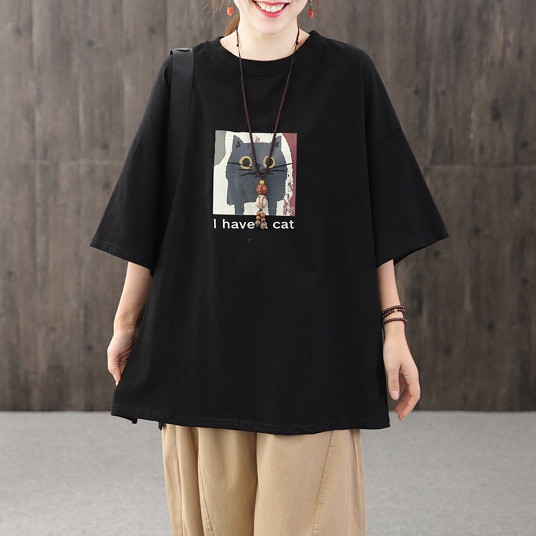 Loose Owl Letter Printed Casual T-shirt April 2020-New Arrival One Size Black 