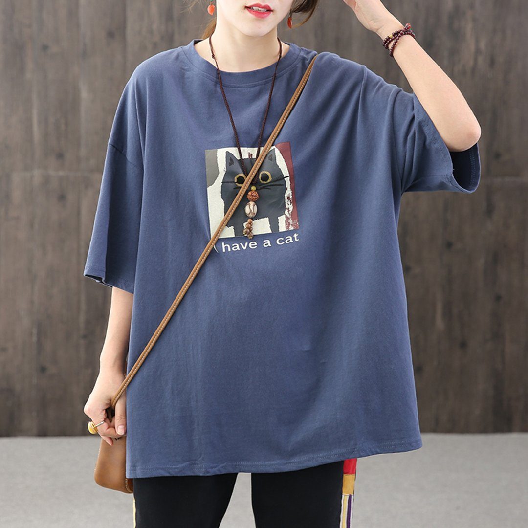 Loose Owl Letter Printed Casual T-shirt April 2020-New Arrival One Size Blue 