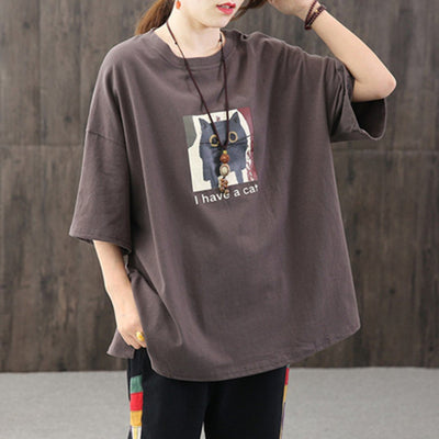 Loose Owl Letter Printed Casual T-shirt April 2020-New Arrival One Size Coffee 