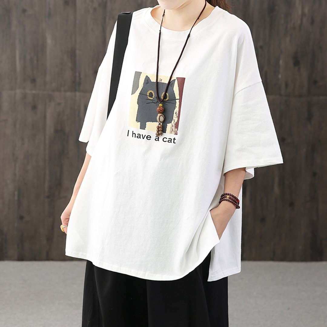 Loose Owl Letter Printed Casual T-shirt April 2020-New Arrival One Size White 