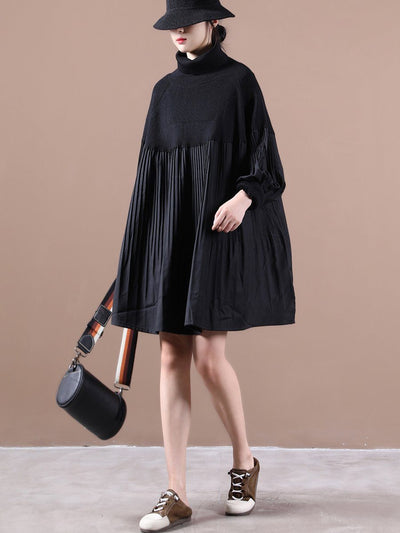 Loose Pleated Stitching Knitted Turtleneck Sweater oct BLACK 