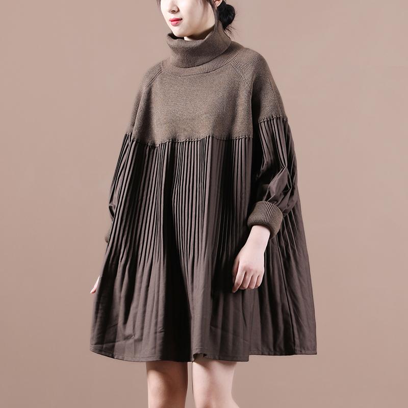 Loose Pleated Stitching Knitted Turtleneck Sweater oct BROWN 