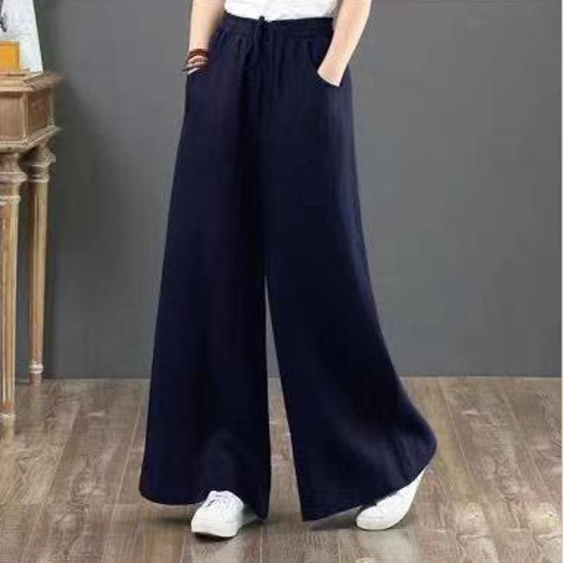 Loose Plus Size High Waist Mopping Linen Pants May 2021 New-Arrival S Navy Blue 
