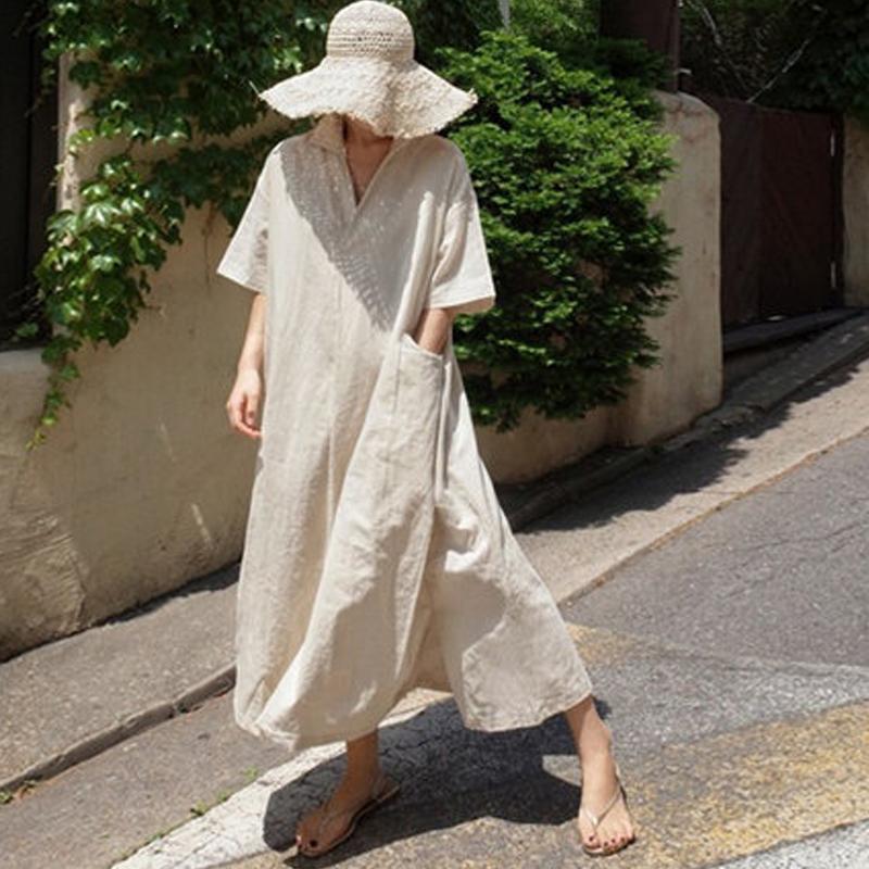 Loose Plus Size Linen Shirt Skirt May 2021 New-Arrival M Beige 