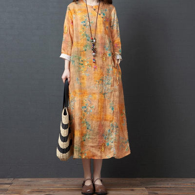 Loose Plus Size Printed Cotton And Linen Dress May 2021 New-Arrival M Yellow 
