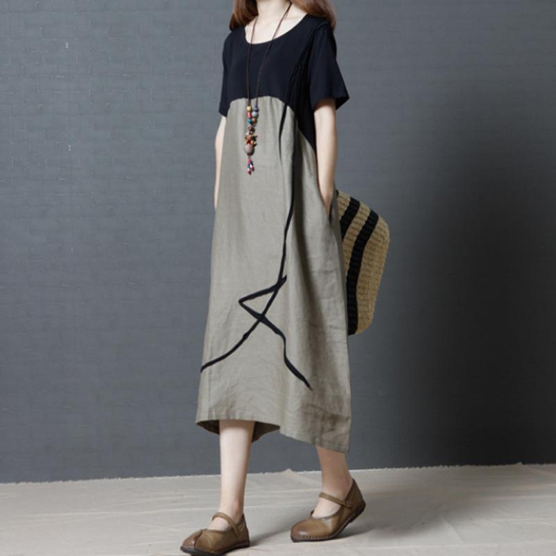 Loose Plus Size Women's Cotton And Linen Dress May 2021 New-Arrival M Brown 