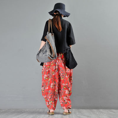 Loose Ramie Printed Floral Harem Hants Red May 2020-New Arrival 