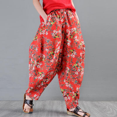 Loose Ramie Printed Floral Harem Hants Red May 2020-New Arrival M Red 